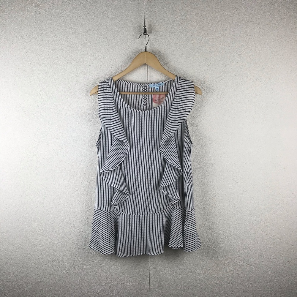 She + Sky l M Semi-Sheer Black White Striped Ruffles Peplum Waist Blouse Shirt
